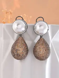 Voylla Rhodium Plated Contemporary American Diamond Drop Earrings