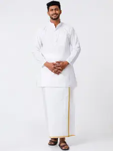 Ramraj Mandarin Collar Pure Cotton Straight Kurta With Golden Zari Dhoti