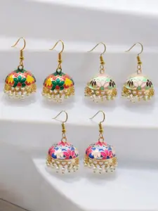 OOMPH Set Of 3 Gold-Plated Dome Shaped Kundan Jhumkas Earrings