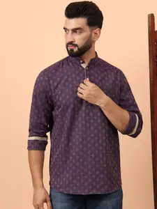 Latest Chikan Garments Geometric Woven Design Mandarin Collar Straight Short Kurta