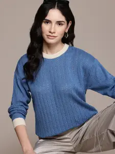 The Roadster Lifestyle Co. Open Knit Contrast Neck Pullover