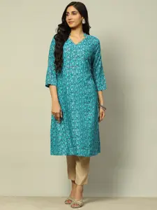 Rangriti Geometric Printed Mandarin Collar A-Line Kurta