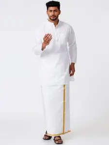 Ramraj Mandarin Collar Pure Cotton Straight Kurta With Golden Zari Dhoti