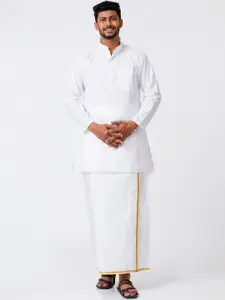 Ramraj Mandarin Collar Pure Cotton Straight Kurta With Golden Zari Dhoti
