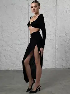 MIAKEE Square Neck Long Sleeves Sage Crop Top With Skirt