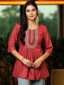 Libas Floral Yoke Design Thread Work Thread Work Pleated Kurti