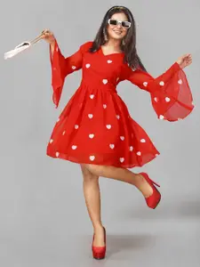 APNISHA Polka Dot Embroidered Bell Sleeve Georgette Fit & Flare Dress