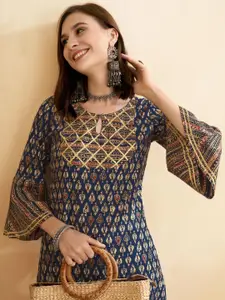 Anouk Women Ethnic Motifs Printed Keyhole Neck Flared Sleeves Sequinned Kurta
