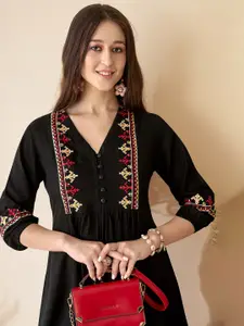 Anouk Geometric Embroidered V-Neck Pleated Straight Short Kurti