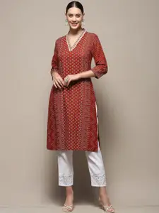 Biba Geometric Printed V-Neck Silk Straight Kurta
