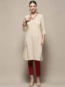 Biba Floral Printed V Neck Thread Work Silk Straight Kurta