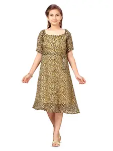 BAESD Girls Animal Printed Square Neck Puff Sleeves Fit and Flare Midi Dress