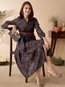 Anouk Women Printed Fit & Flared Midi Dress With Belt