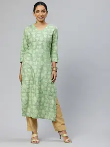 HRITIKA Ethnic Motifs Printed V-Neck Straight Kurta