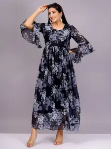 HIGHLIGHT FASHION EXPORT Floral Print Bell Sleeve Georgette Maxi Dress