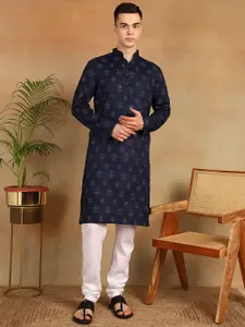 Anouk Navy Blue Geometric Printed Mandarin Collar Straight Kurta