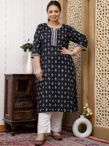 Nayo Plus Size Floral Notch Neck Printed Cotton Straight Kurta