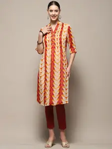 Biba Floral Printed Roll-Up Sleeves Mandarin Collar Georgette Straight Kurta