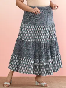 anayna Plus Size Printed Pure Cotton Tiered Maxi Skirts
