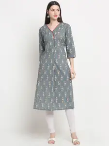 KALINI Floral Printed V-Neck Cotton Straight Kurta