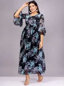 HIGHLIGHT FASHION EXPORT Floral Print Bell Sleeve Georgette Maxi Dress