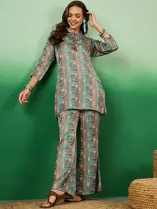 Sangria Printed Tie Up Neck Top With Trousers