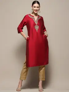Biba Ethnic Motifs Yoke Design band Collar Straight Kurta