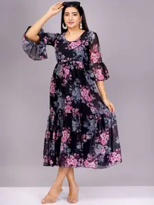HIGHLIGHT FASHION EXPORT Floral Print Bell Sleeve Georgette Empire Midi Dress