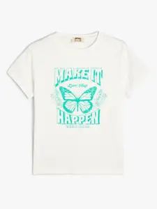 Koton Girls Typography Printed Round Neck Cotton Regular Fit T-shirt