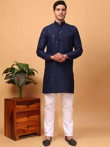 Hangup Geometric Embroidered Sequinned Mandarin Collar Straight Kurta with Pyjamas