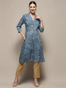 Biba Floral Printed V Neck Silk Straight Kurta