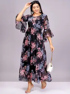 HIGHLIGHT FASHION EXPORT Floral Print Bell Sleeve Georgette Maxi Dress