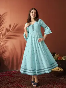 Anouk Turquoise Blue Ethnic Motif Maxi Dress