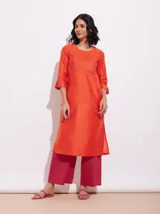 Pink Fort Round Neck Chanderi Cotton Straight Kurta