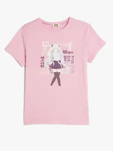 Koton Girls Graphic Printed Round Neck Cotton Regular Fit T-shirt