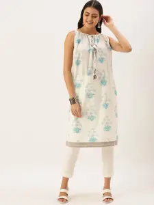 KALINI Floral Printed Tie-Up Neck Cotton A-Line Kurta