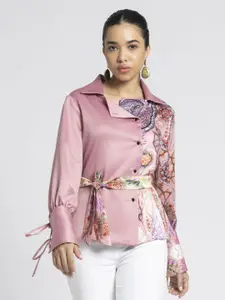 SHAYE Women Smart Floral Printed Opaque Party Shirt With Belt