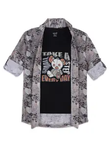 CAVIO Boys Geometric Printed Shawl Collar Jacket With T-shirt