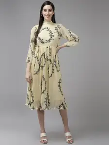 BAESD Floral Print Bell Sleeve Georgette Fit & Flare Midi Dress