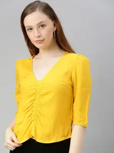 Sera Women Solid Ruched V-Neck Top