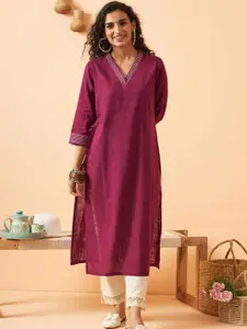 ARAVALII Mandarin Collar Pure Cotton A-Line Kurta