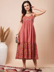 Globus Floral Printed Cotton Tiered Empire Midi Ethnic Dresses