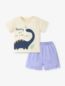 StyleCast Boys Off White & Purple Printed Cotton T-shirt With Shorts