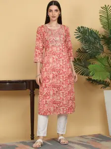 KALINI Round Neck Floral Printed Sequinned Straight Kurta