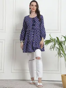 KALINI Floral Printed Pleated Tie-Up Neck Kurti