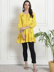 KALINI Floral Printed Keyhole Neck Puff Sleeves A Line Kurti