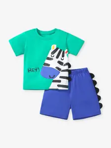 StyleCast Boys Green & Blue Printed Cotton T-shirt With Shorts