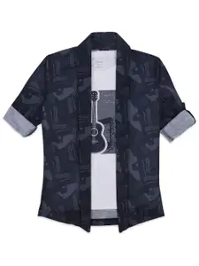 CAVIO Boys Floral Printed Shawl Collar  Open Front Jacket with T-shirt