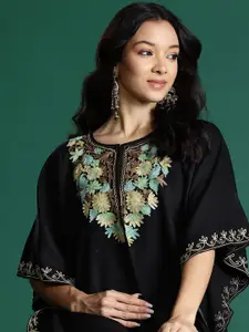 Sangria Floral Yoke Design Flared Sleeves Thread Work Acrylic Kaftan Kurta