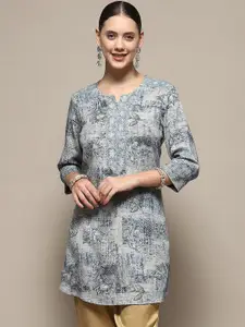 Biba Floral Printed Notch Neck Silk Straight Kurta